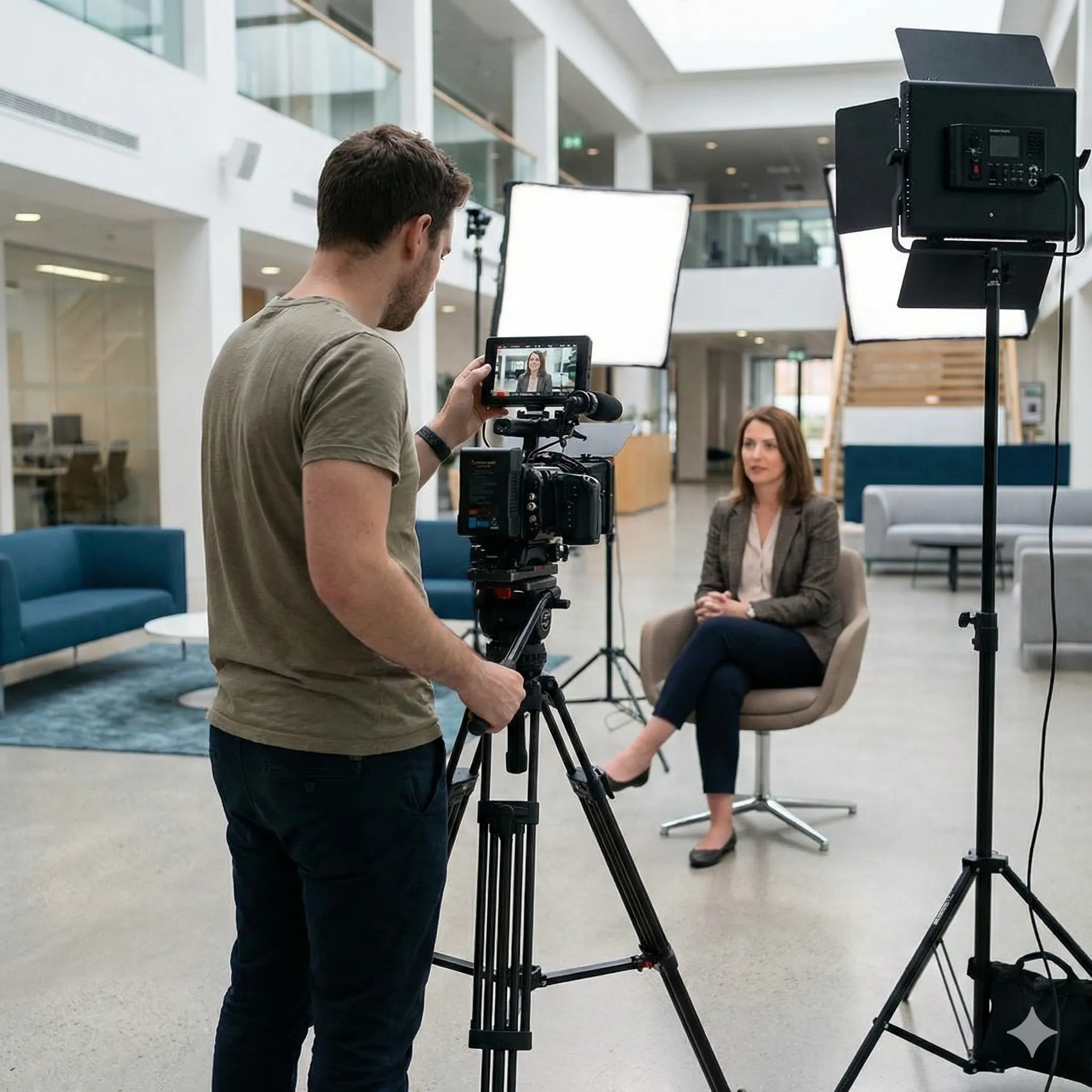 Professionelles Kamera-Setup in dunklem Studio-Ambiente mit Editing-Software im Hintergrund.