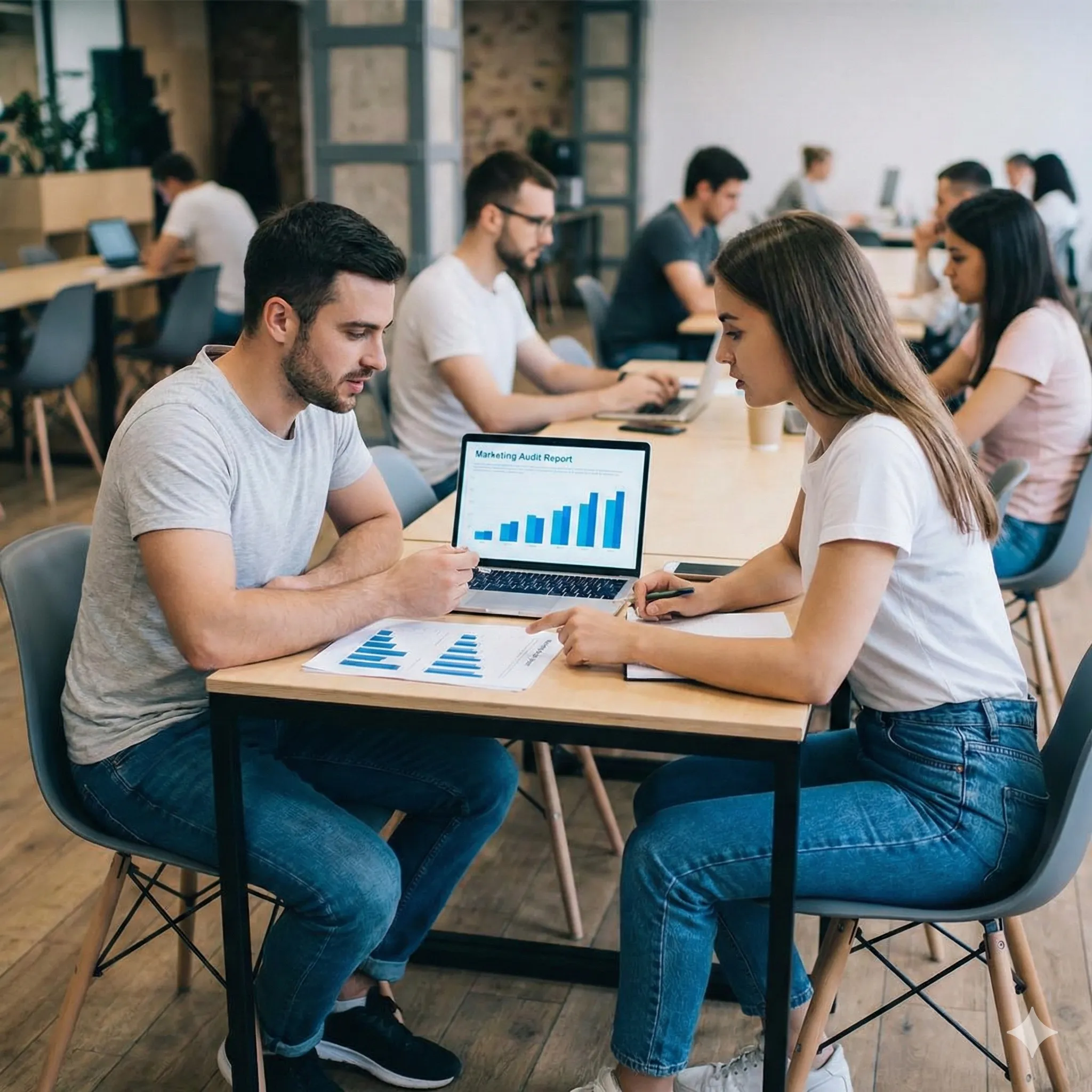 Hand hält Lupe über Diagramme und Marketing-Reportings. Symbolbild für datengetriebene Analyse.