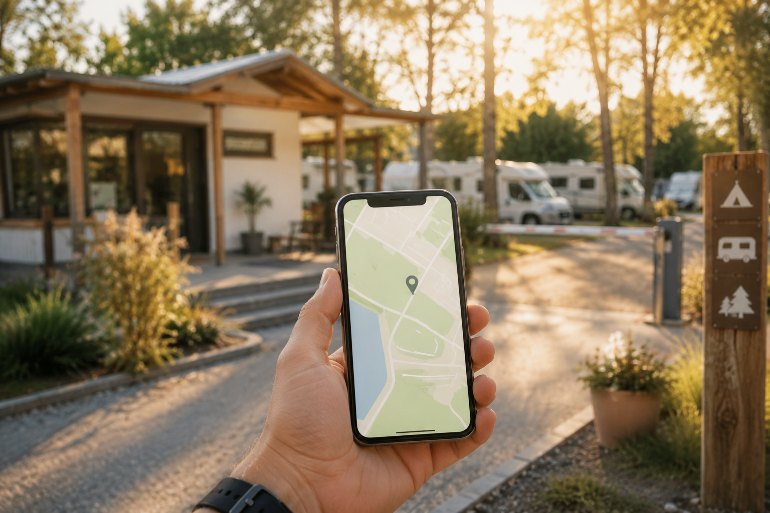 Smartphone mit Kartenansicht und Standort-Pin vor der Einfahrt eines Campingplatzes