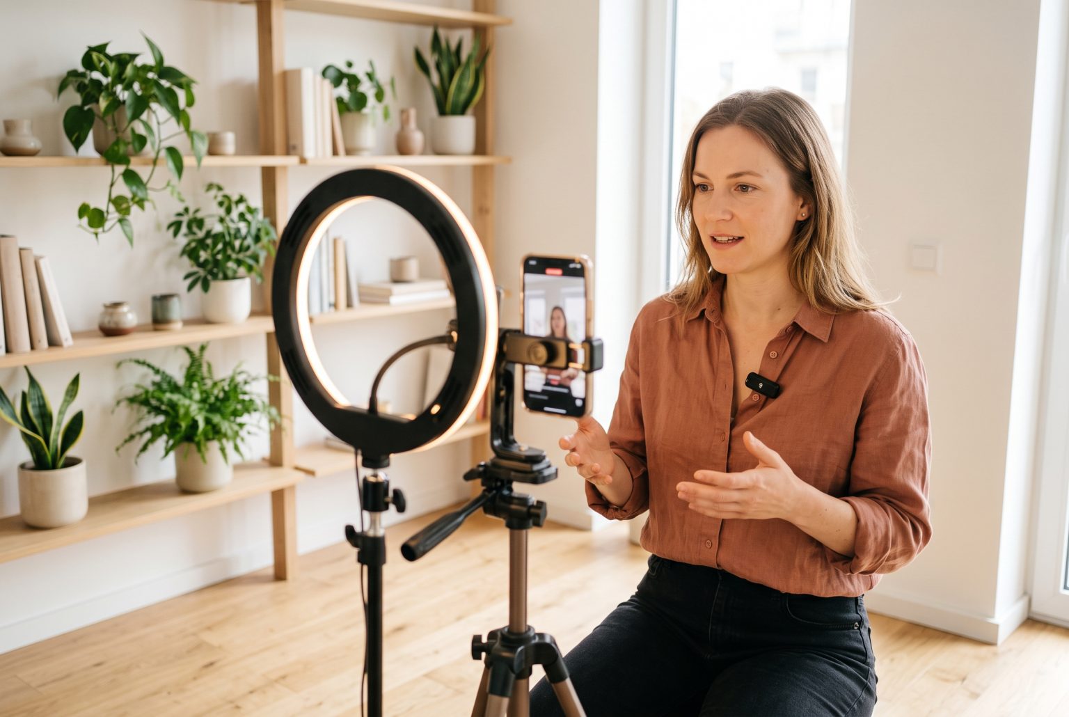 Content-Aufnahme mit Smartphone, Ringlicht und Ansteckmikrofon