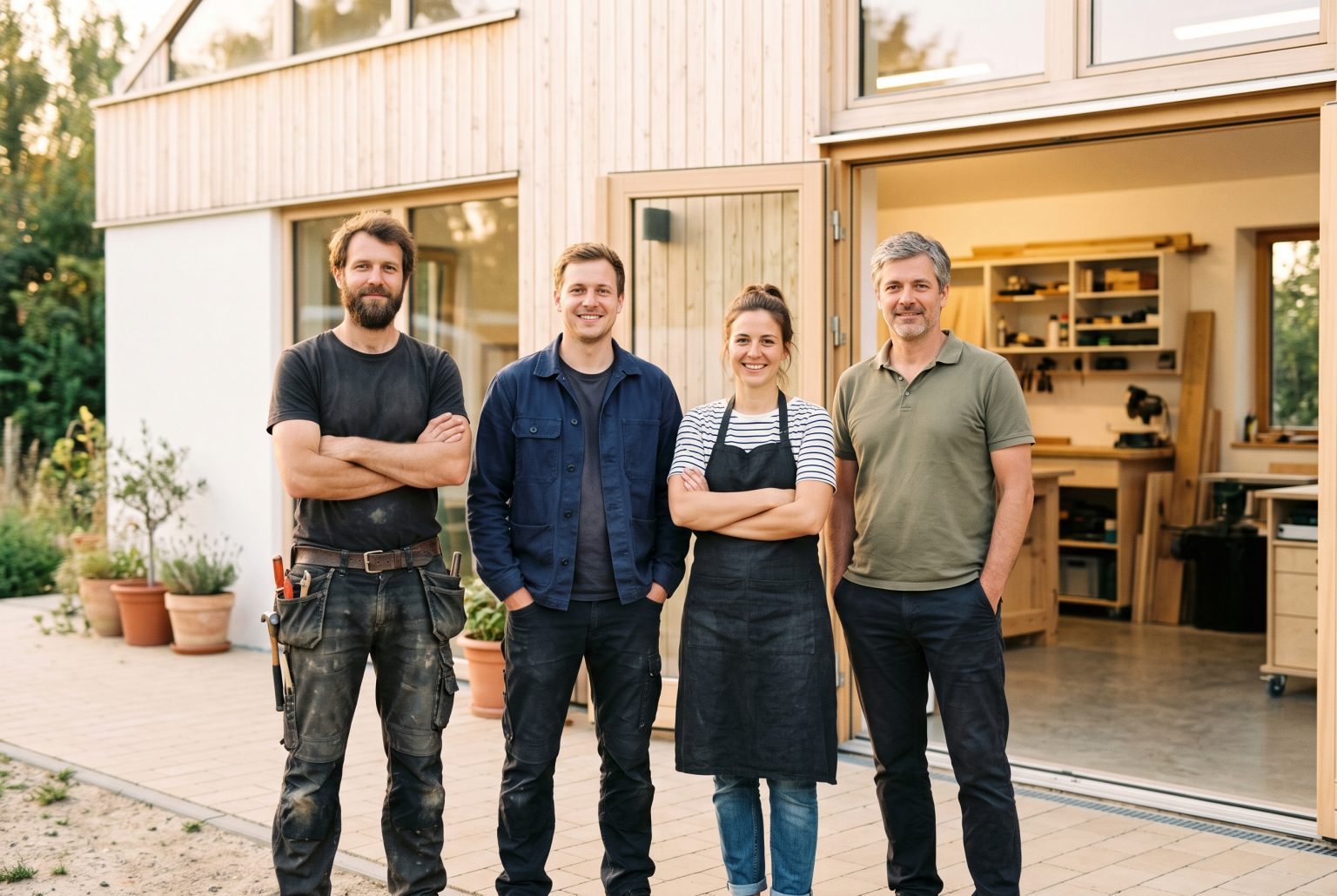 Vier Kleinunternehmer — Handwerker, Café-Inhaberin und Betriebsleiter — vor einer modernen Werkstatt