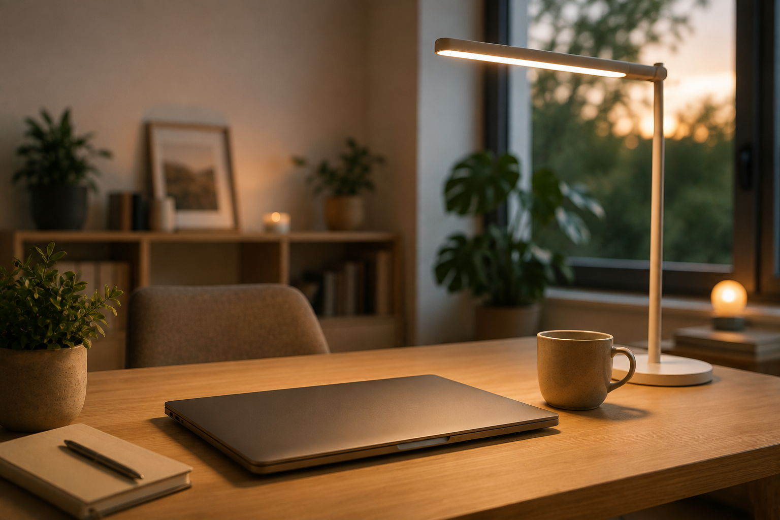 Aufgeräumter Schreibtisch mit geschlossenem Laptop und warmer Schreibtischlampe