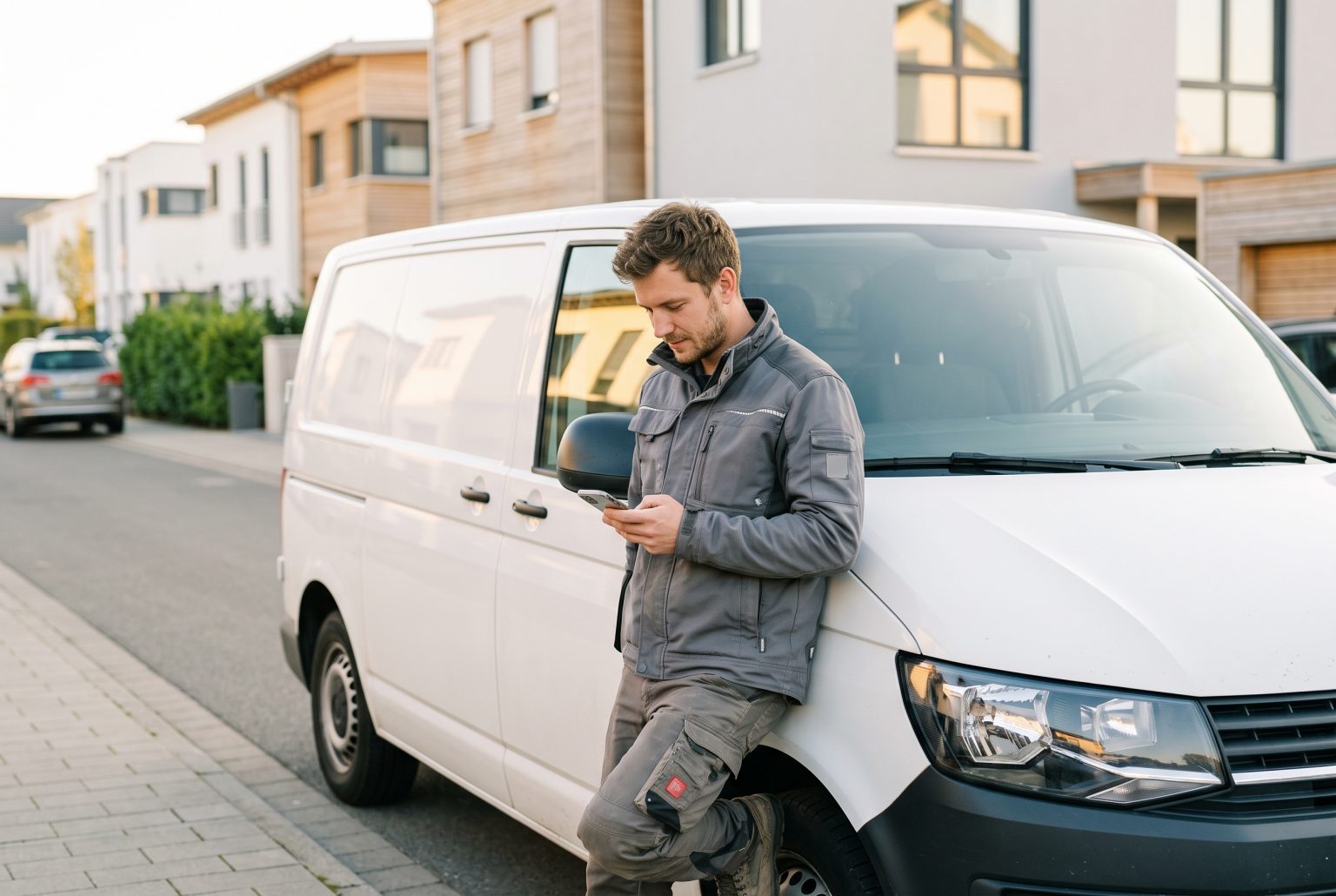 Handwerker prüft die Website seines Betriebs auf dem Smartphone am Firmenwagen